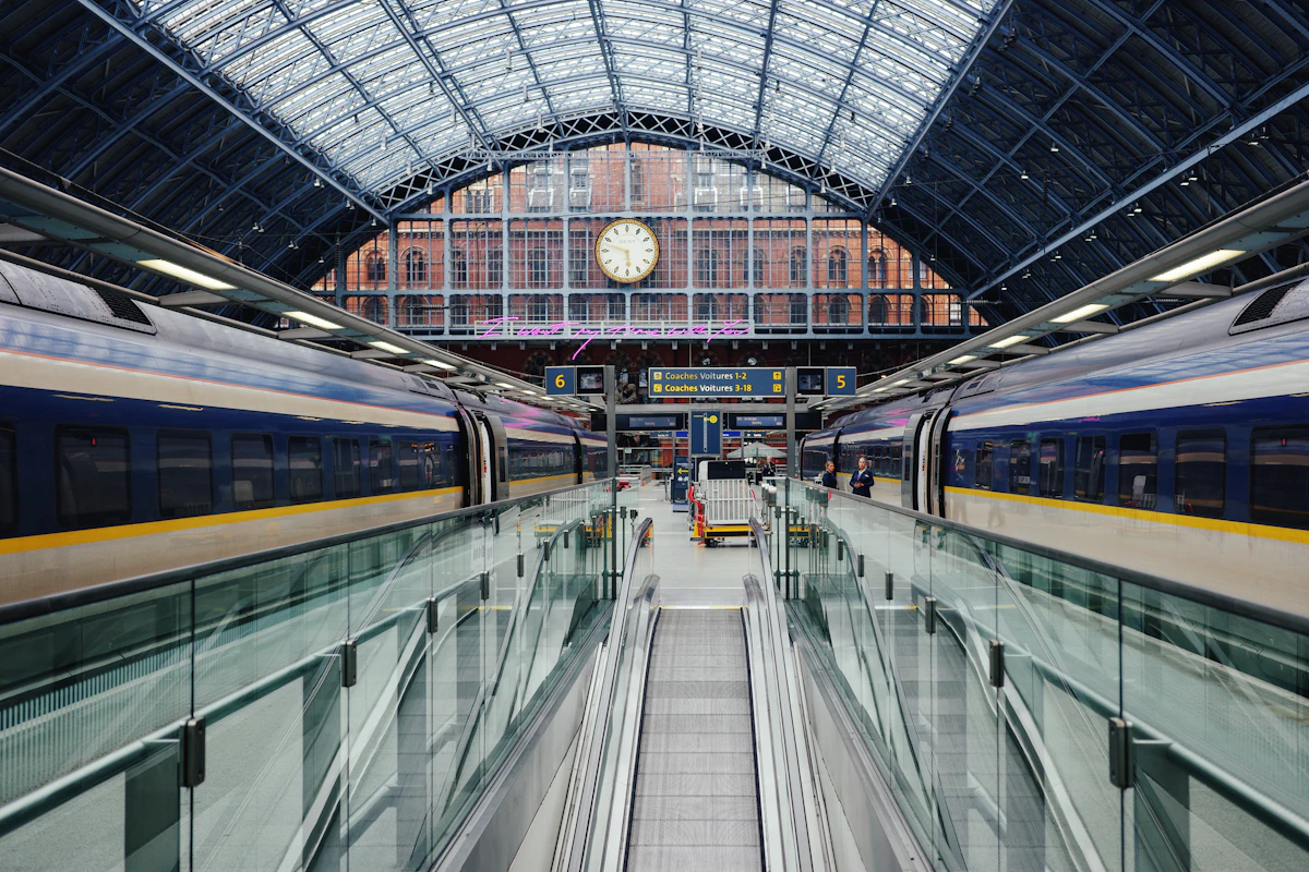 Eurostar train beneath the arched roof at London St Pancras station