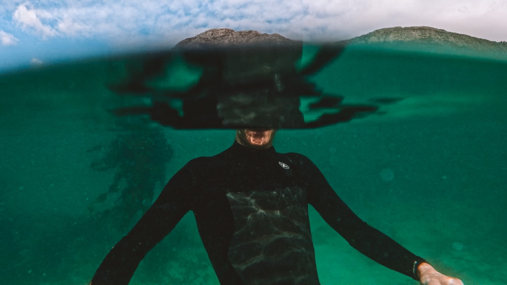 a man in a black wet suit under water