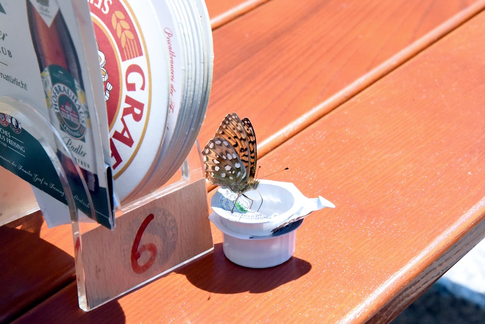 a butterfly sitting on top of a cup on a wooden table