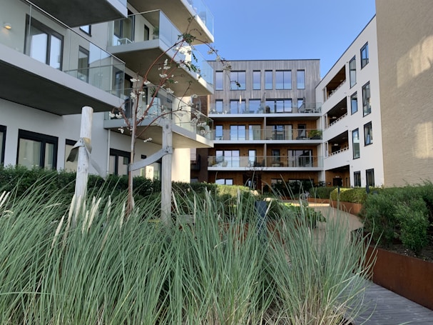 Modern apartment complex with large glass balconies and wooden paneling. The courtyard features lush greenery with ornamental grasses and young trees against a clear blue sky.