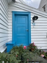 A neat, blue-painted door frame freshly installed on a suburban home.