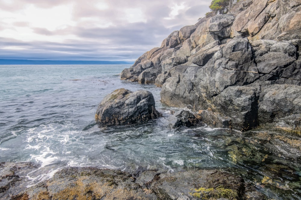 a rocky shore with a body of water