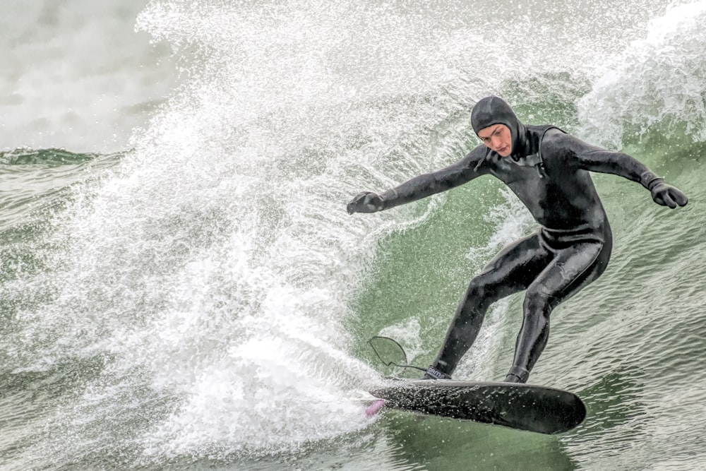 a man riding a surfboard on top of a wave