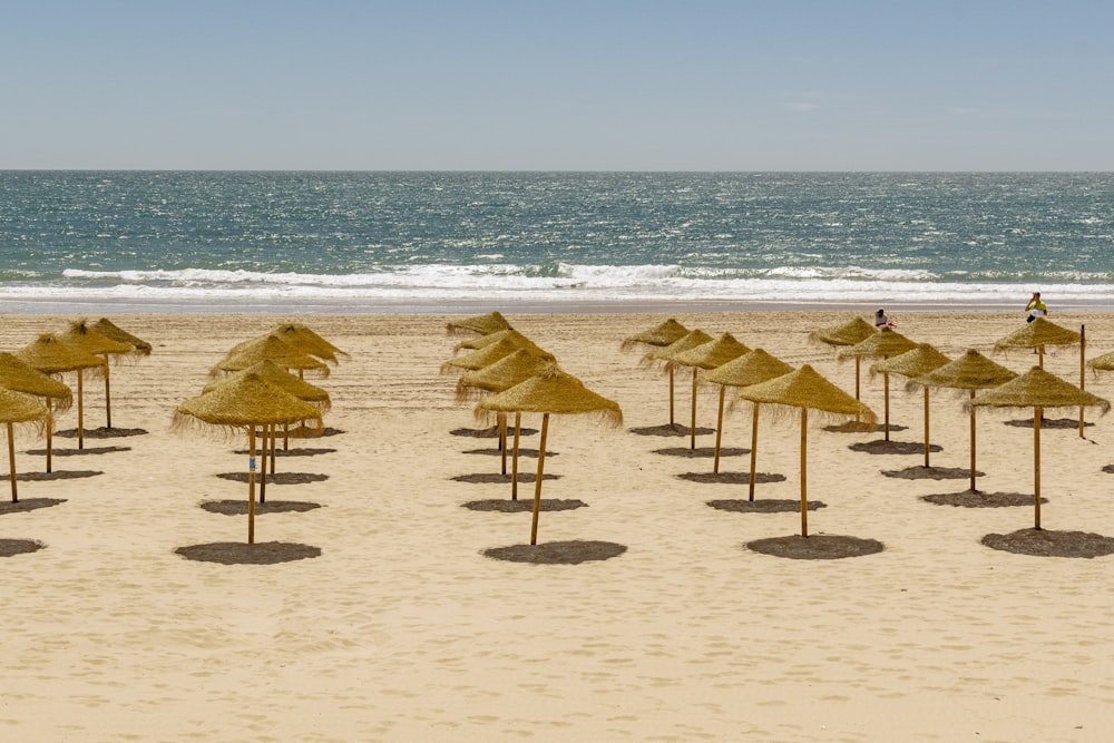 um monte de guarda-sóis de palha sentados em cima de uma praia de areia