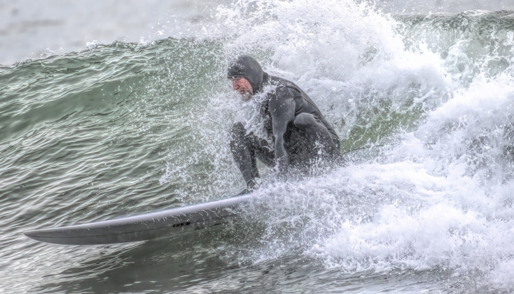 a man riding a surfboard on a wave in the ocean