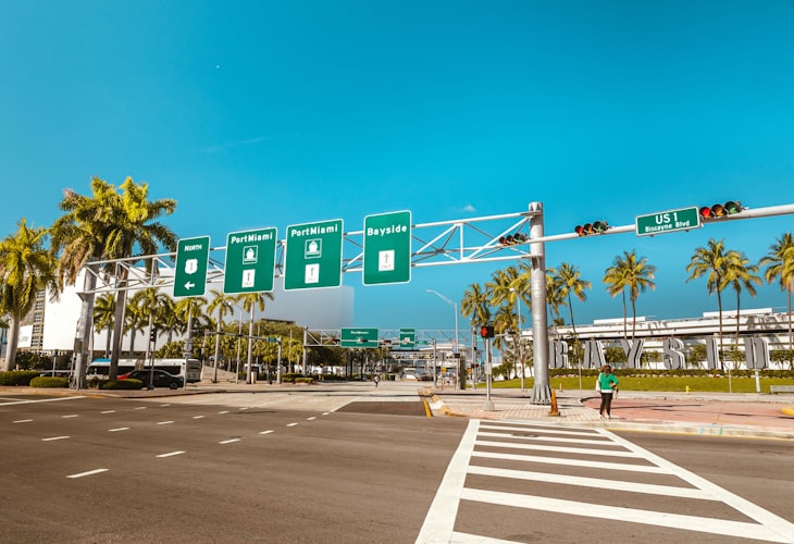 Palm-lined commercial street in Hialeah, Florida