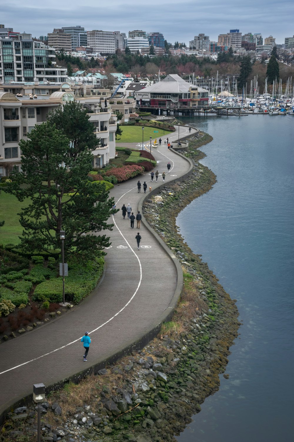 a group of people riding bikes down a road next to a body of water