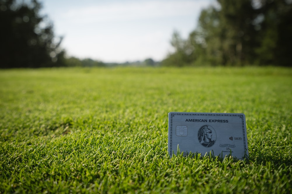una carta di credito seduta in cima a un campo verde lussureggiante