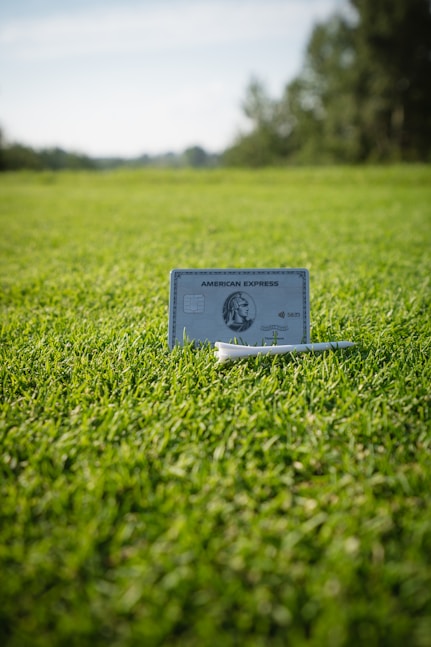 a credit card sitting on top of a green field