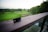 A credit card with Aeroplan branding is placed on a wooden railing, overlooking a lush green golf course. The scene includes well-maintained grassy areas, trees, and a soft, serene sky in the background.