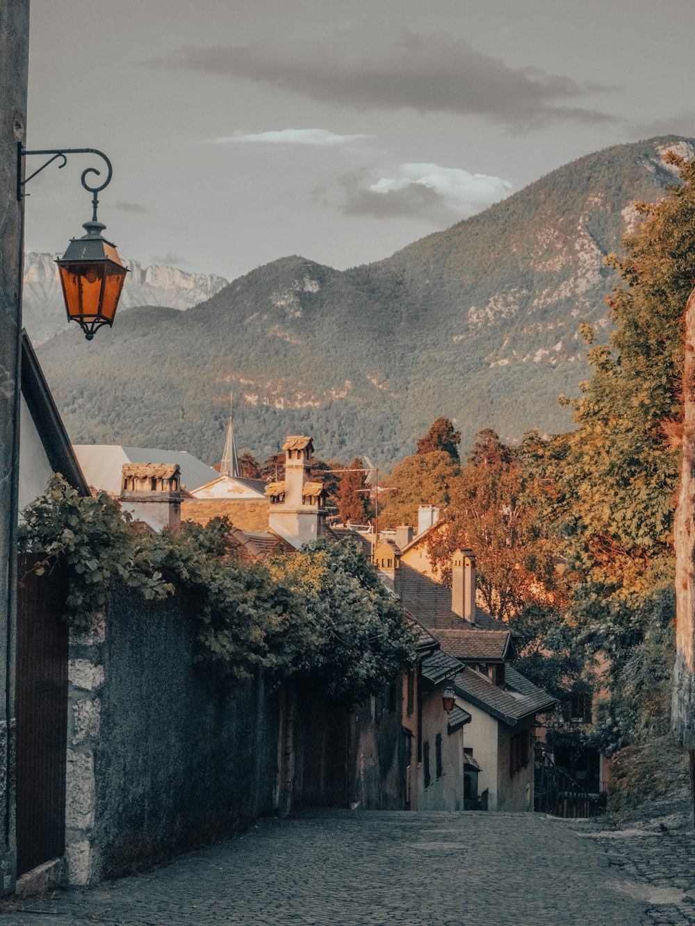 a cobblestone street with a lamp post and mountains in the background