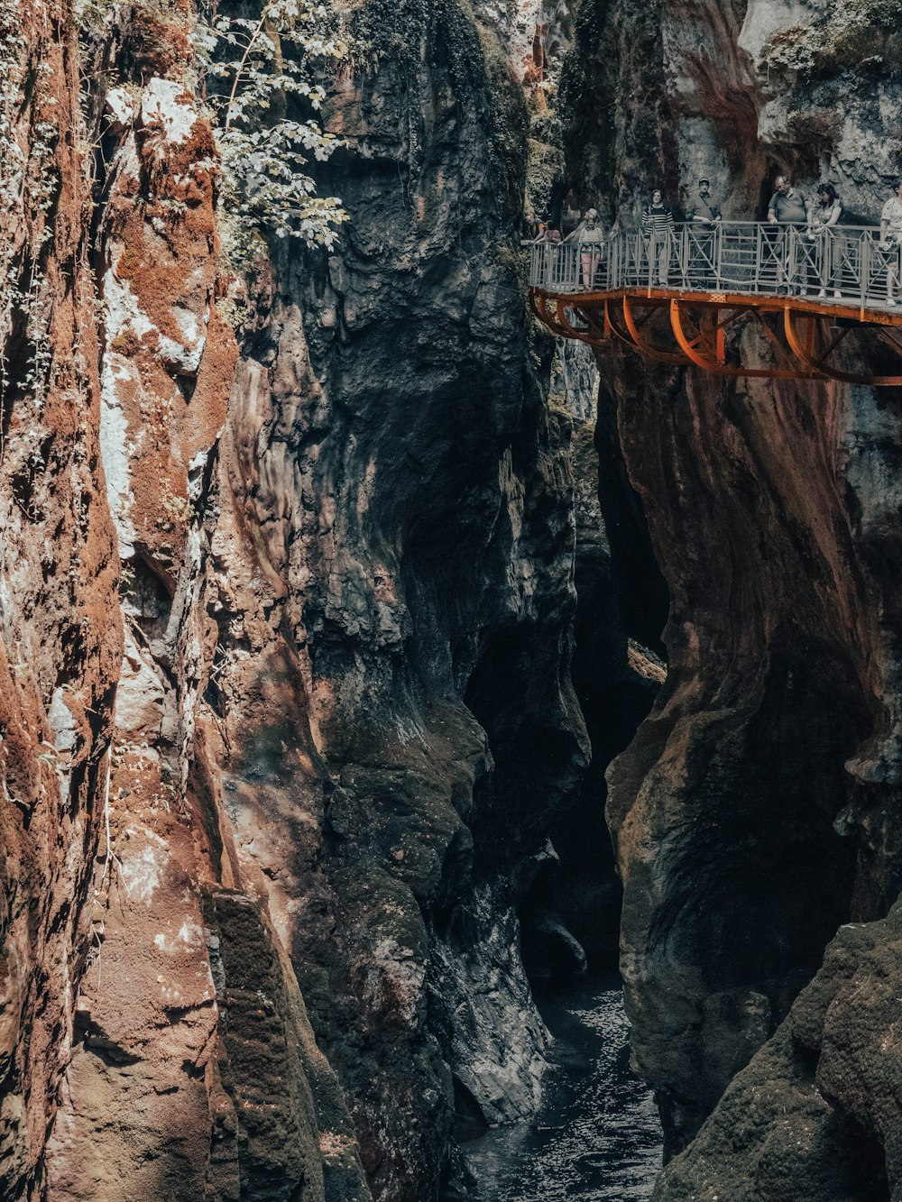 a bridge over a river in a canyon