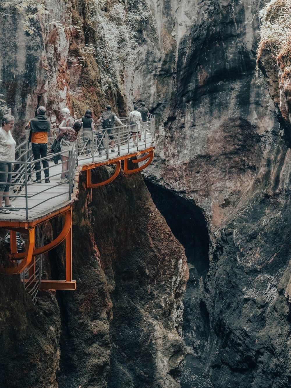 a group of people standing on a bridge over a canyon