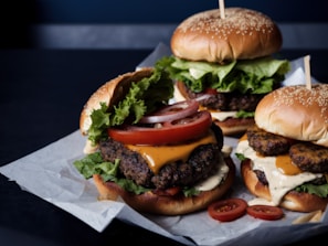 three hamburgers with lettuce tomato and cheese
