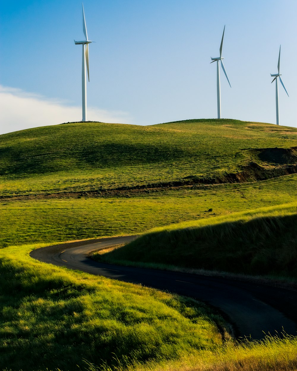 a grassy hill with three wind turbines on top of it