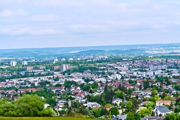 A panoramic view of a newly developed residential neighborhood with green spaces.