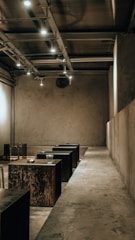 Boutique event space with minimalist design and cozy lighting.