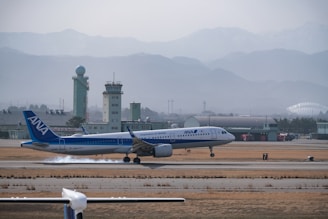 A commercial airplane from ANA is landing on a runway with visible smoke under its wheels. In the background, there is an air traffic control tower and several airport buildings. Distant mountains are faintly visible, suggesting a misty atmosphere.