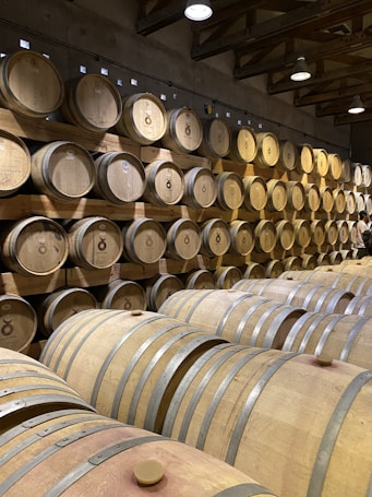 Rows of wooden barrels stacked on shelves in a dimly lit cellar, creating a sense of depth and symmetry. The barrels are made of light-colored wood with metal rings and have markings or logos on the sides. Overhead lights cast a warm glow, enhancing the rustic and organized ambiance.