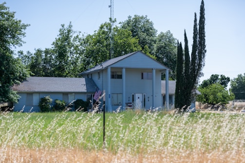 A two-story house with a white facade and prominent columns stands surrounded by greenery and trees. The front yard has tall grass, and an American flag is visible near the entrance. Tall cypress trees flank the right side of the house, and tall leafy trees create a dense backdrop.