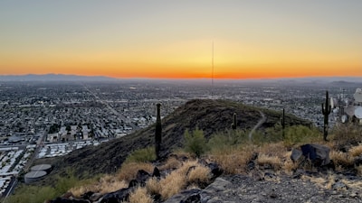 A vast cityscape viewed from a hill during sunset, with a clear gradient of orange and yellow hues in the sky. Sparse desert vegetation and cacti are in the foreground, and a network of streets and buildings extends across the landscape. A tall radio or communication tower is visible in the center of the view.