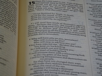 An open book displaying a passage from the Bible. The text is from the book of Jeremiah, chapter 15, describing God's words to the prophet about the fate of the people who have turned away. The verses are printed in a clear, readable font with chapter and verse numbers highlighted for easy reference.