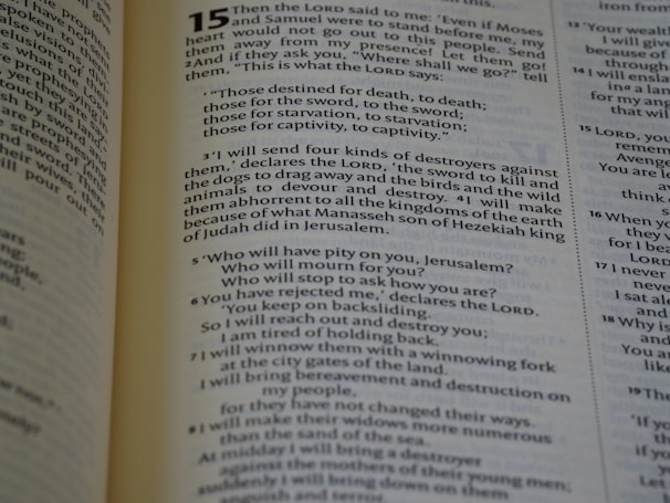 An open book displaying a passage from the Bible. The text is from the book of Jeremiah, chapter 15, describing God's words to the prophet about the fate of the people who have turned away. The verses are printed in a clear, readable font with chapter and verse numbers highlighted for easy reference.