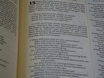 An open book displaying a passage from the Bible. The text is from the book of Jeremiah, chapter 15, describing God's words to the prophet about the fate of the people who have turned away. The verses are printed in a clear, readable font with chapter and verse numbers highlighted for easy reference.