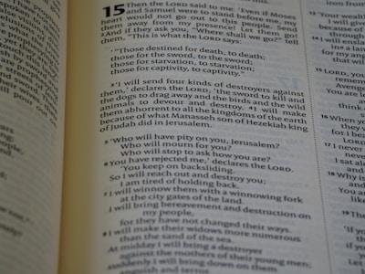 An open book displaying a passage from the Bible. The text is from the book of Jeremiah, chapter 15, describing God's words to the prophet about the fate of the people who have turned away. The verses are printed in a clear, readable font with chapter and verse numbers highlighted for easy reference.