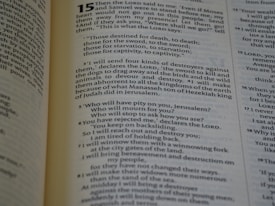 An open book displaying a passage from the Bible. The text is from the book of Jeremiah, chapter 15, describing God's words to the prophet about the fate of the people who have turned away. The verses are printed in a clear, readable font with chapter and verse numbers highlighted for easy reference.
