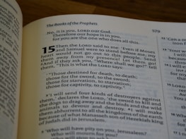 A close-up of an open book showing a religious text with the title 'The Books of the Prophets' and numbered verses. The text is in black on cream-colored pages with some words highlighted in bold.