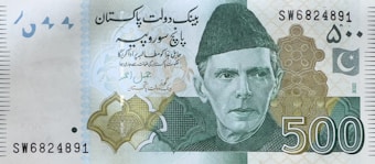 A 500 currency note featuring a portrait of a man wearing a traditional cap. The note includes text in a foreign script, intricate geometric patterns, and a crescent and star emblem. The serial number is visible at the upper right and lower left corners.