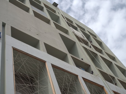 Wide-angle view of an apartment building in Velacherry fitted entirely with anti-pigeon nets on balconies and windows.