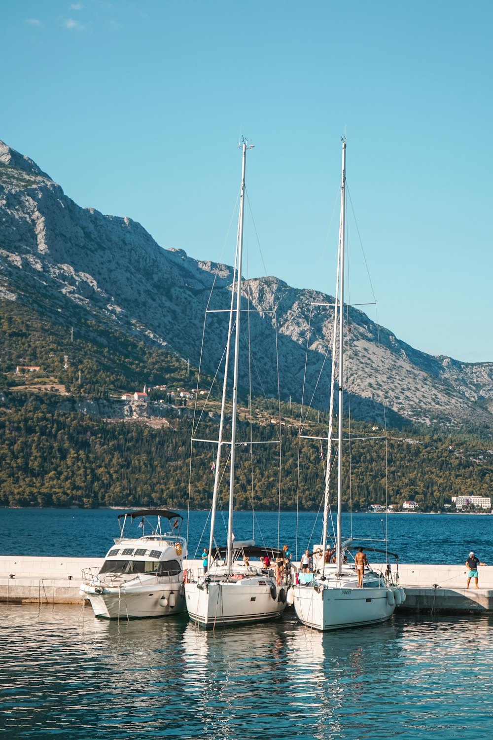 a group of sailboats docked at a pier