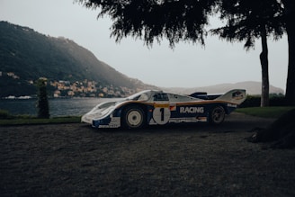 A vintage racing car is parked on a gravel path, set against the backdrop of a scenic lake and mountainous landscape. The car features classic racing decals and a sleek, aerodynamic design. Two large trees frame the view, adding depth to the composition, with the distant hills and a town visible across the lake.