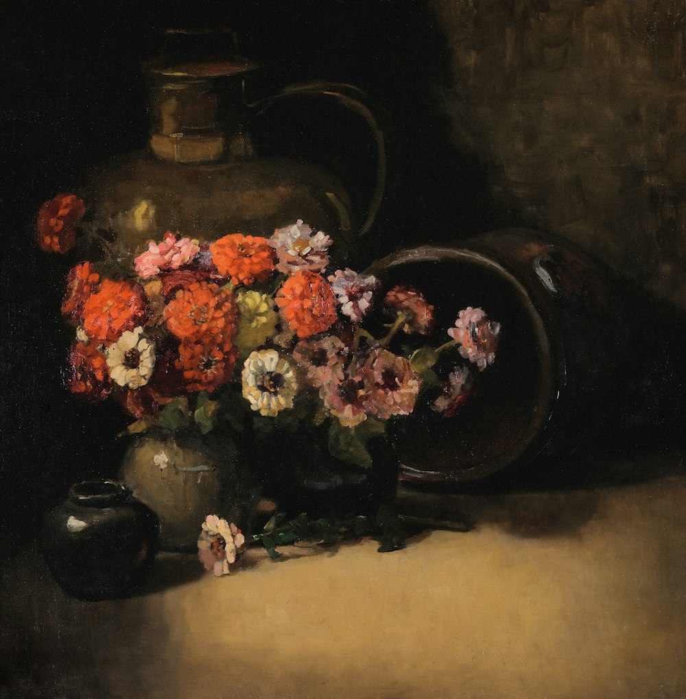 a painting of flowers in a vase next to a vase of flowers