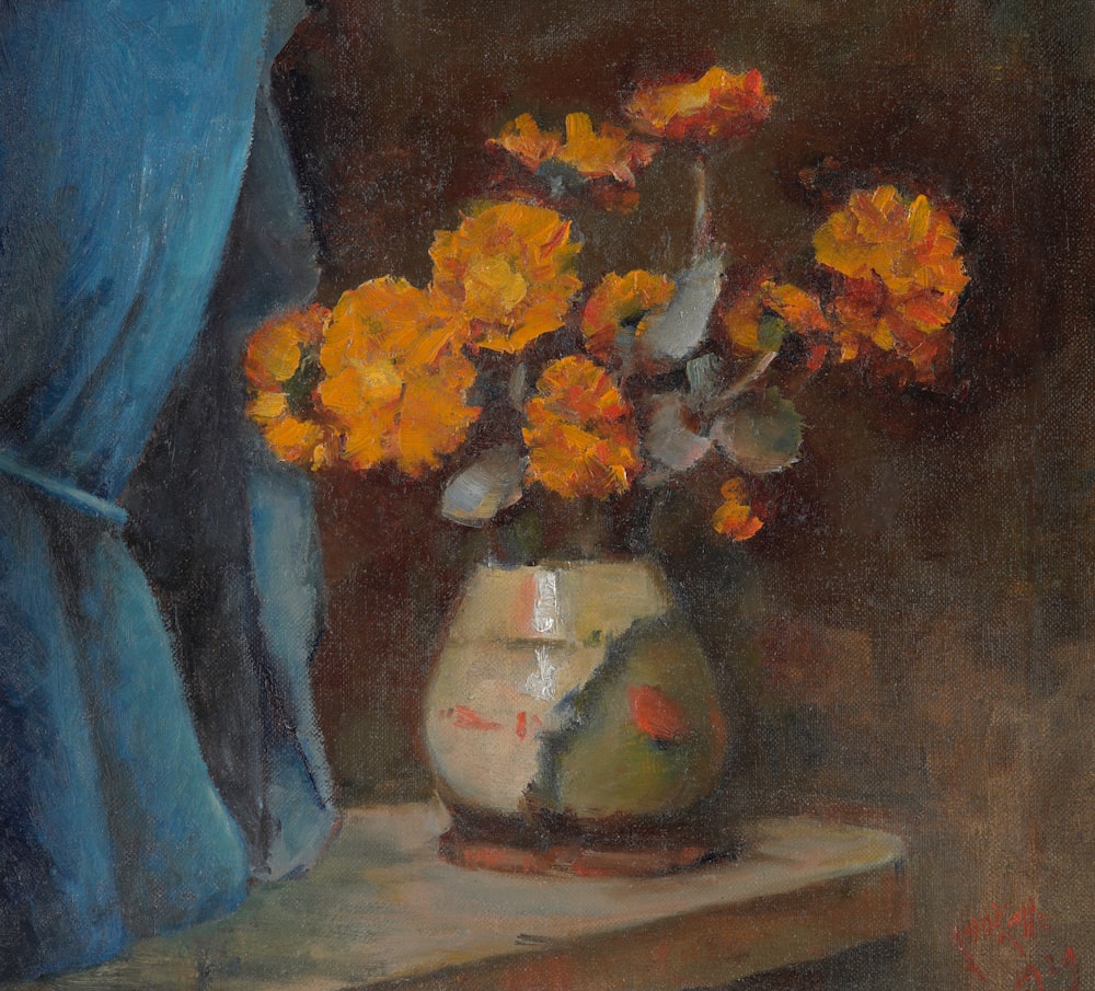 a painting of flowers in a vase on a table