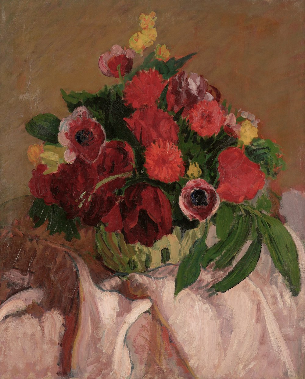 a painting of flowers in a vase on a table