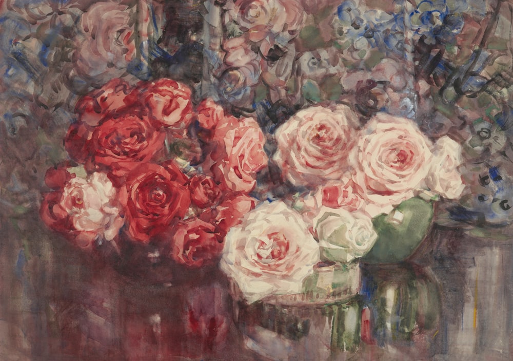 a painting of red and white roses in a vase