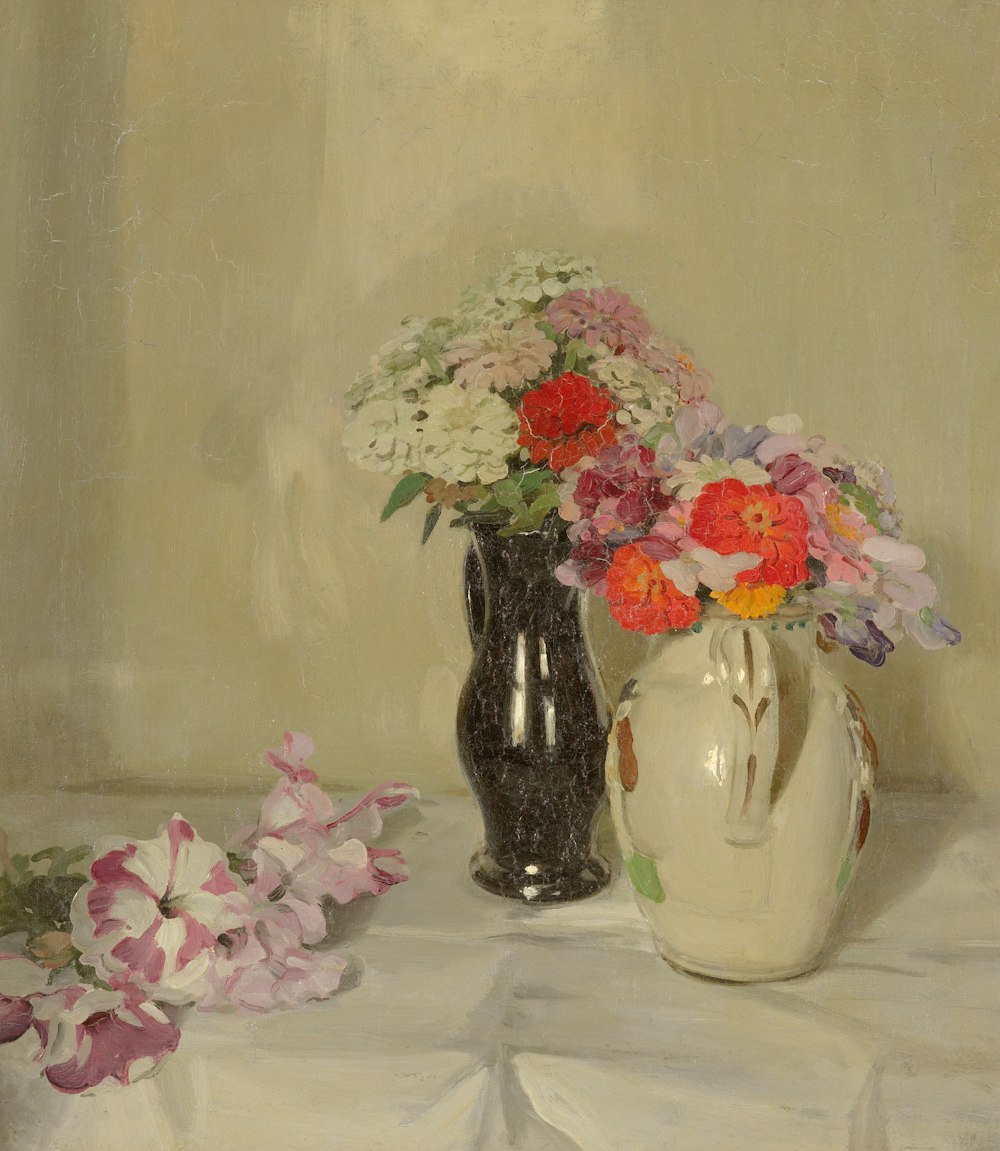 a painting of flowers in a vase on a table