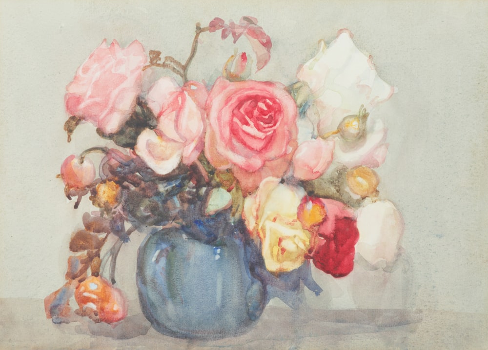 a painting of a blue vase filled with flowers