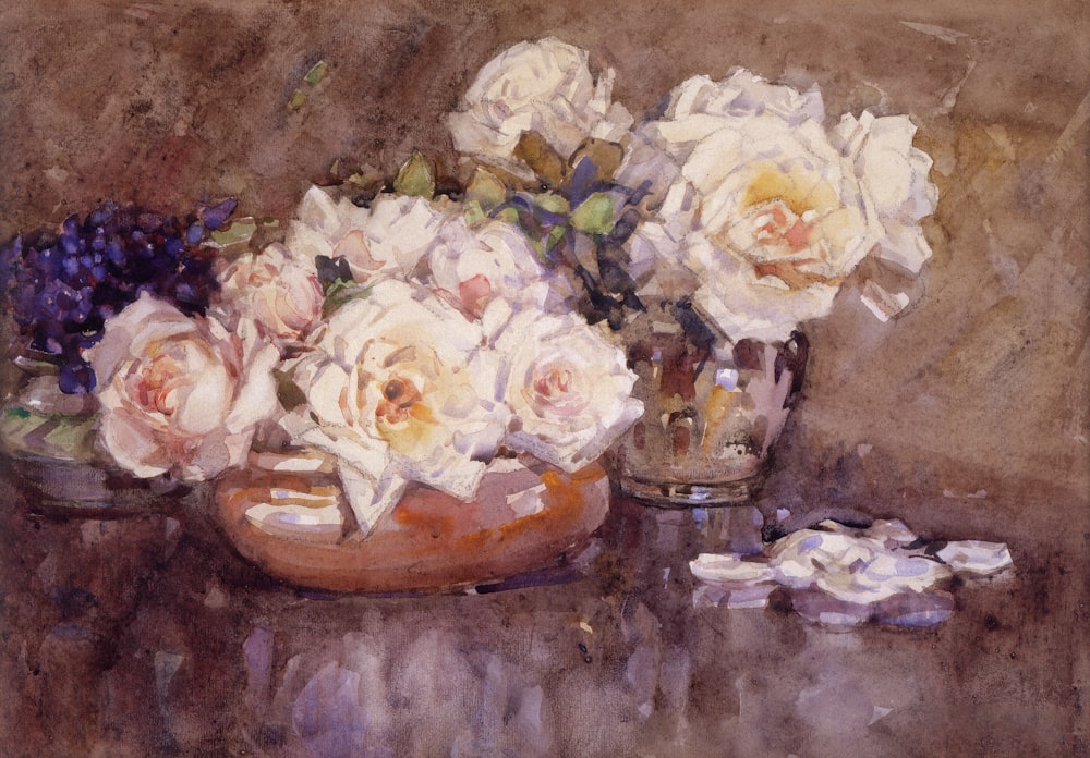 Un dipinto di fiori bianchi in un vaso