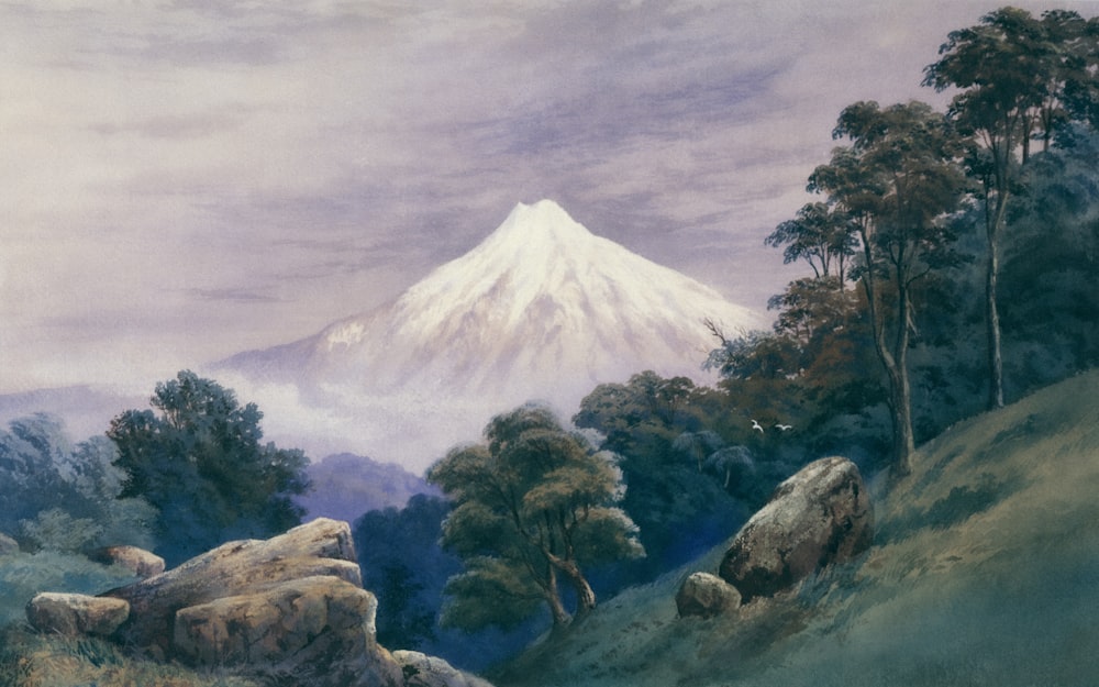 a painting of a mountain with trees and rocks