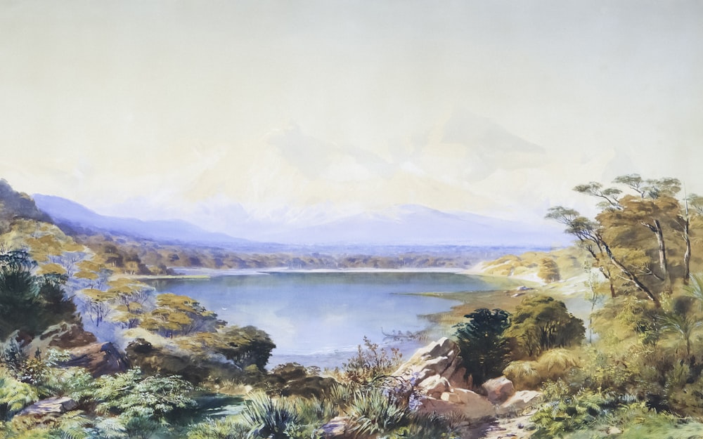a painting of a lake surrounded by trees