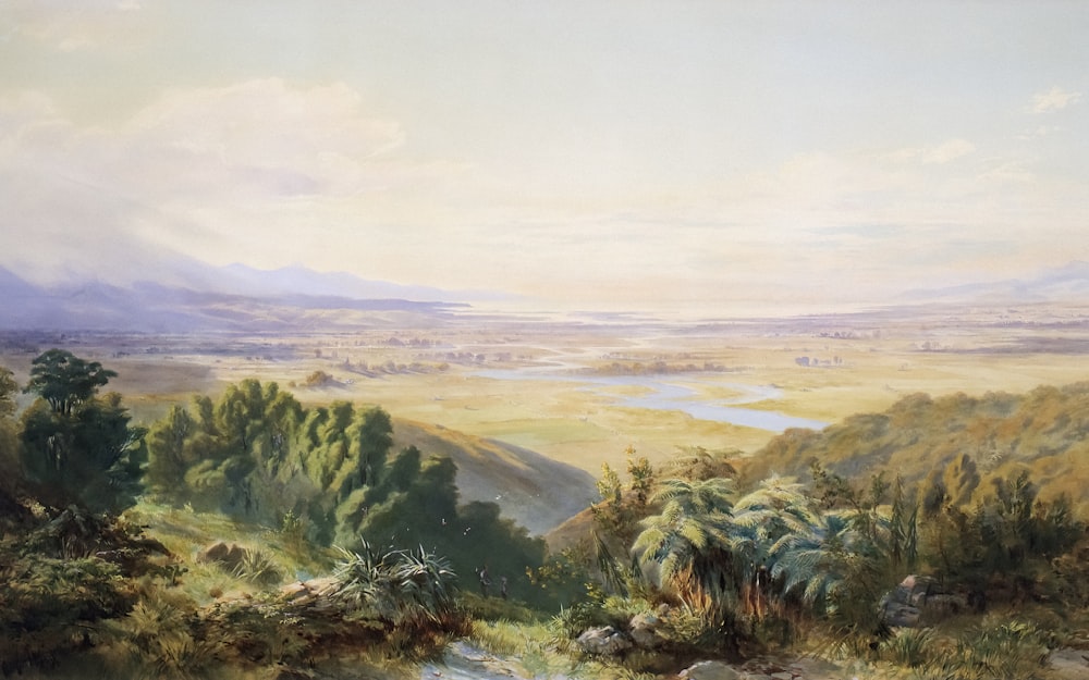 a painting of a valley with a river running through it