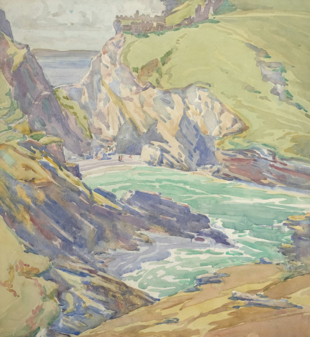 a painting of a rocky coast with a body of water