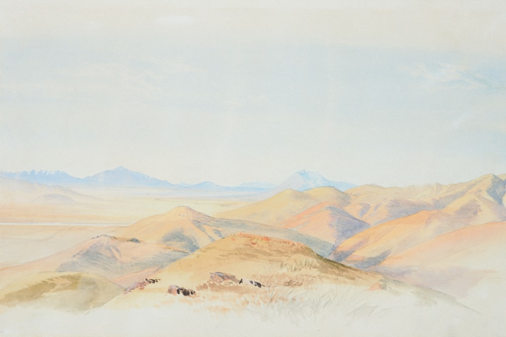 a painting of a desert landscape with mountains in the background