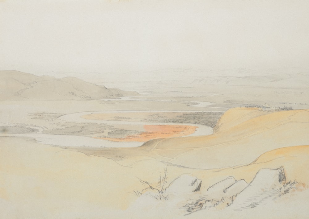 a drawing of a landscape with a lake in the distance