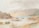 A watercolor landscape featuring a serene lake bordered by mountainous terrain. Small islands with sparse foliage dot the water, and a faint view of distant hills is visible through a misty atmosphere. A few isolated bushes and rocky outcrops grace the shoreline, highlighting the tranquil and natural setting.