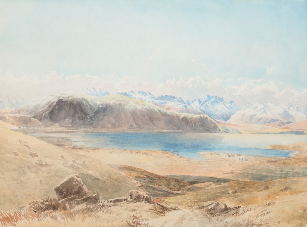 a painting of mountains and a body of water